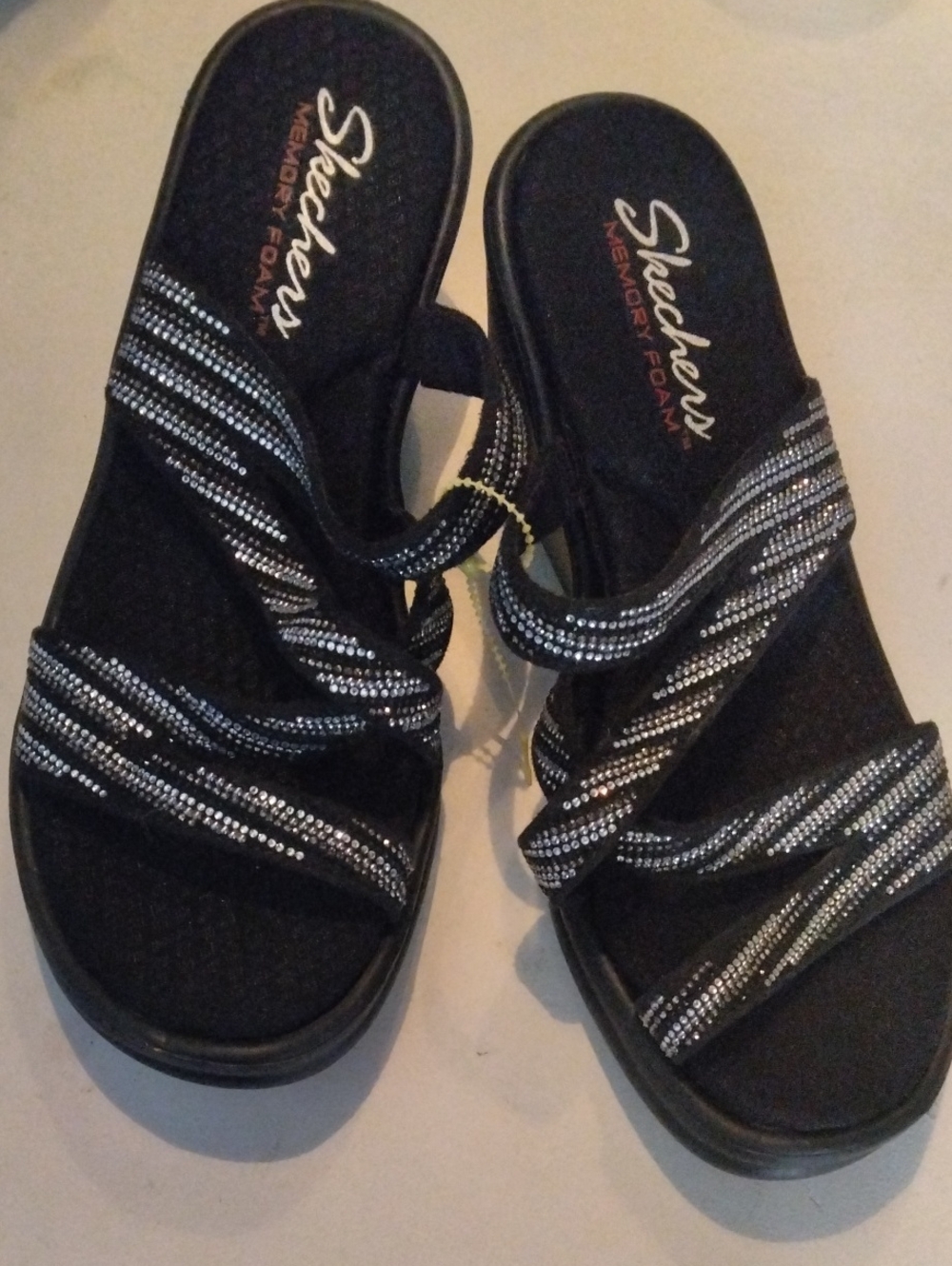 Skechers Black Slip-On Strappy Sandals with Silver Accents